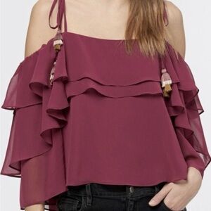 Rebecca Minkoff Raspberry Dena Lined Tiered Cold-Shoulder Draped Top Size Medium